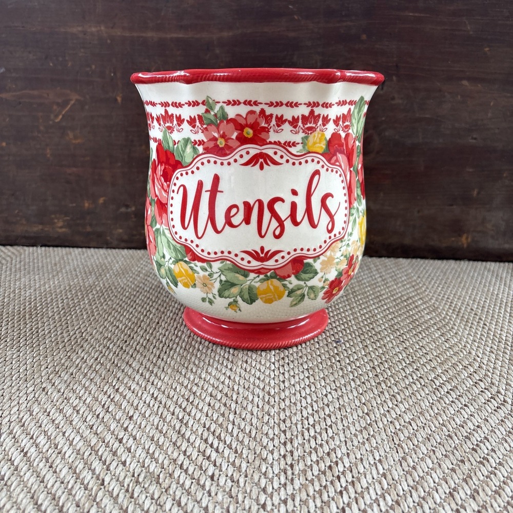 Pioneer Woman Vintage Floral Stoneware Utensil Holder Crock Red Discontinued